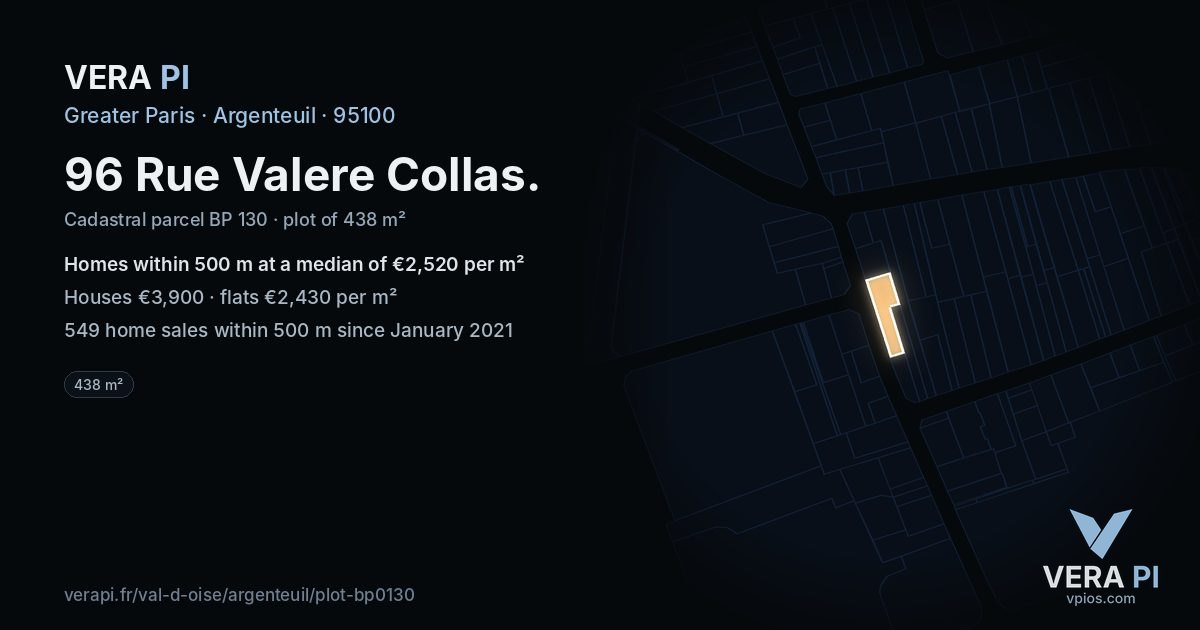 96 Rue Valere Collas, Argenteuil at night – the plot lit, the parcels around coloured by the prices near them