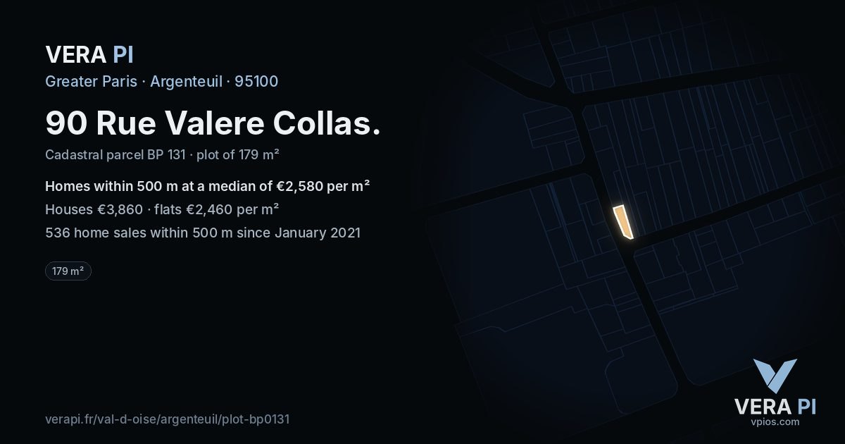 90 Rue Valere Collas, Argenteuil at night – the plot lit, the parcels around coloured by the prices near them