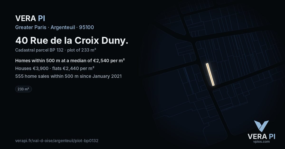 40 Rue de la Croix Duny, Argenteuil at night – the plot lit, the parcels around coloured by the prices near them