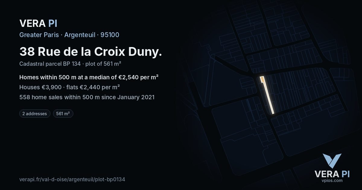 38 Rue de la Croix Duny, Argenteuil at night – the plot lit, the parcels around coloured by the prices near them