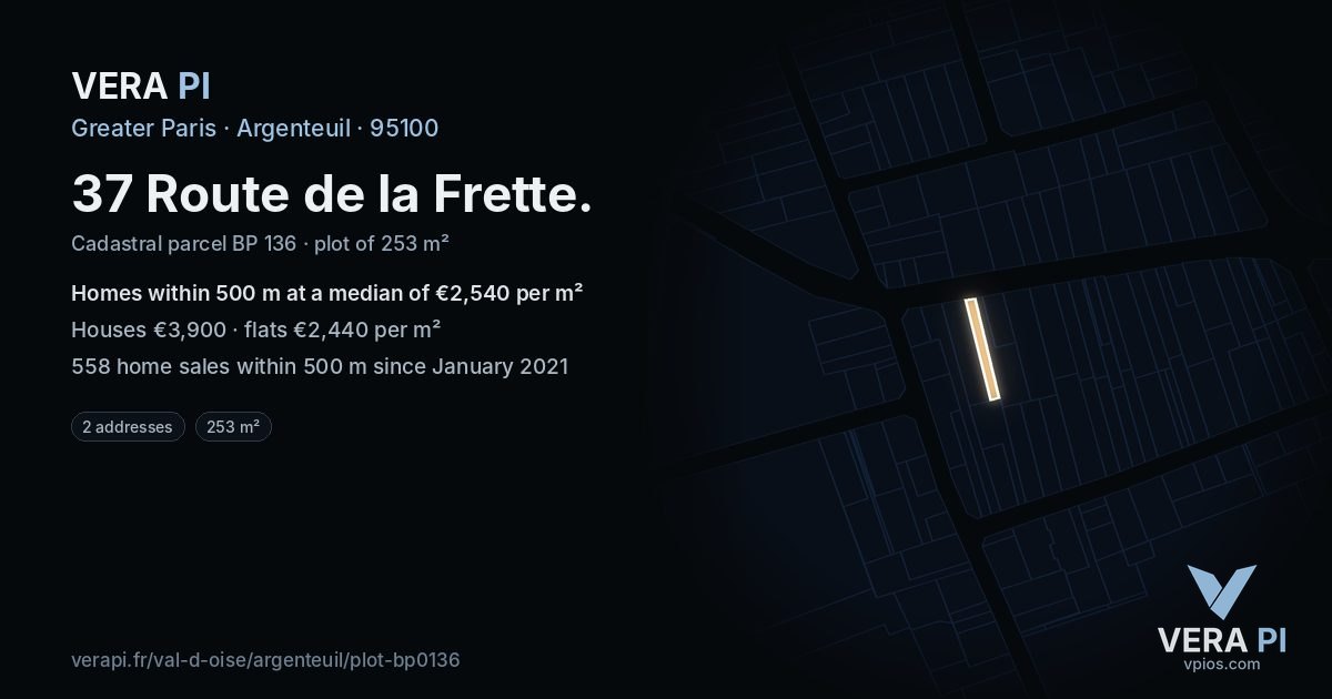 37 Route de la Frette, Argenteuil at night – the plot lit, the parcels around coloured by the prices near them