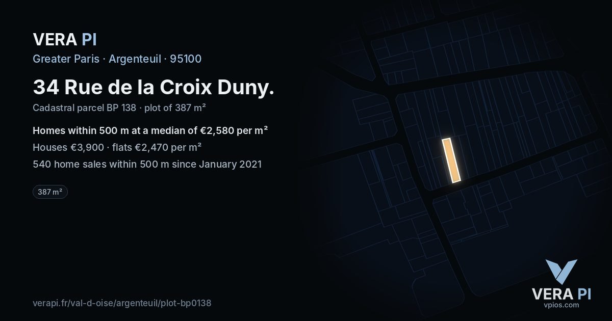 34 Rue de la Croix Duny, Argenteuil at night – the plot lit, the parcels around coloured by the prices near them