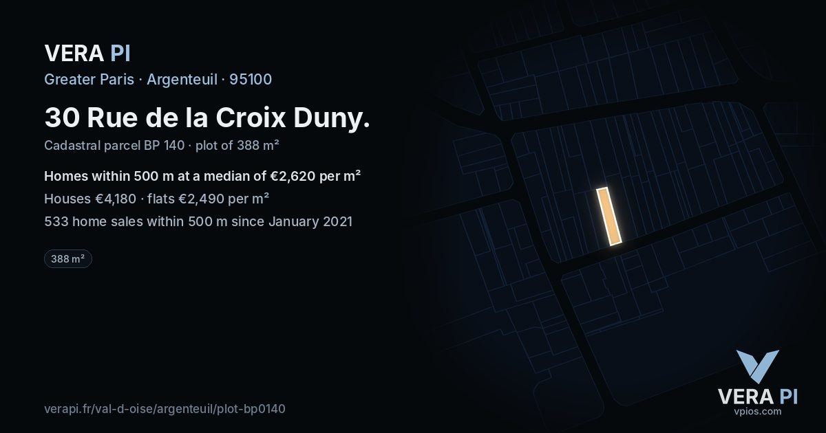 30 Rue de la Croix Duny, Argenteuil at night – the plot lit, the parcels around coloured by the prices near them