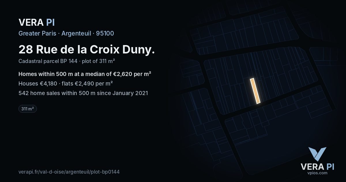 28 Rue de la Croix Duny, Argenteuil at night – the plot lit, the parcels around coloured by the prices near them