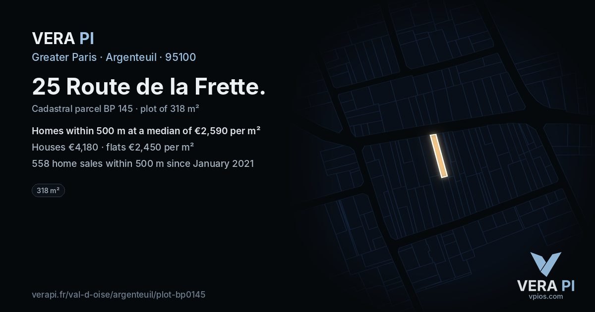 25 Route de la Frette, Argenteuil at night – the plot lit, the parcels around coloured by the prices near them