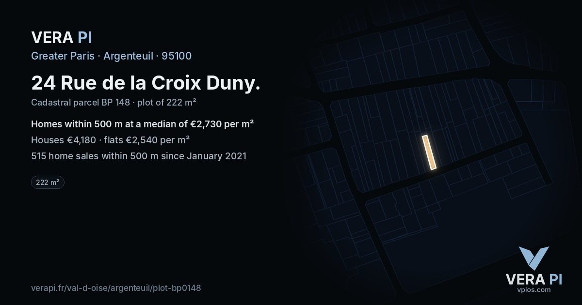 24 Rue de la Croix Duny, Argenteuil at night – the plot lit, the parcels around coloured by the prices near them