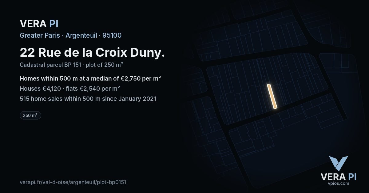 22 Rue de la Croix Duny, Argenteuil at night – the plot lit, the parcels around coloured by the prices near them