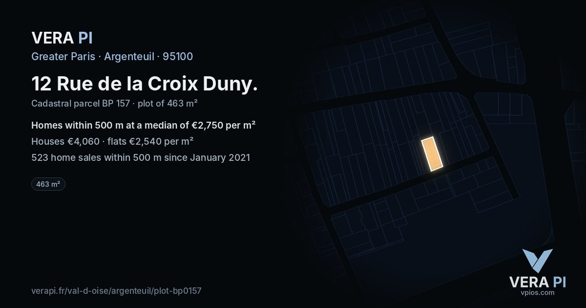 12 Rue de la Croix Duny, Argenteuil at night – the plot lit, the parcels around coloured by the prices near them