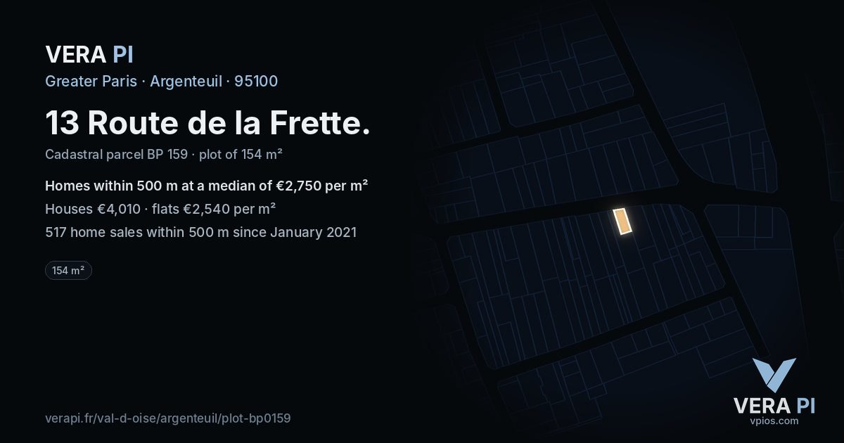 13 Route de la Frette, Argenteuil at night – the plot lit, the parcels around coloured by the prices near them