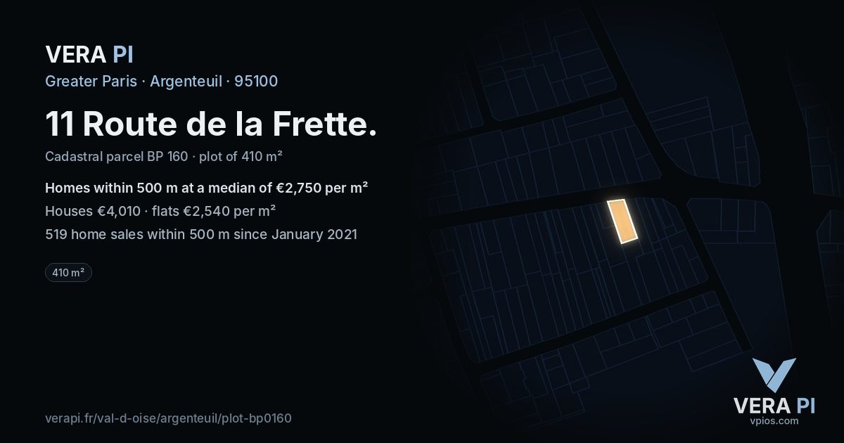 11 Route de la Frette, Argenteuil at night – the plot lit, the parcels around coloured by the prices near them