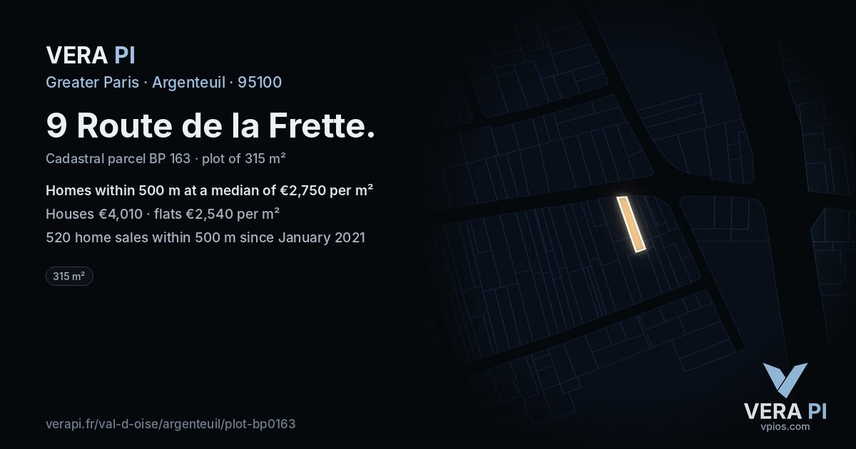 9 Route de la Frette, Argenteuil at night – the plot lit, the parcels around coloured by the prices near them