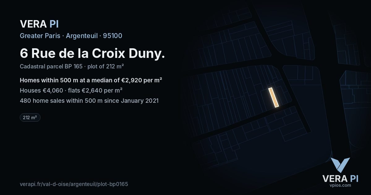 6 Rue de la Croix Duny, Argenteuil at night – the plot lit, the parcels around coloured by the prices near them