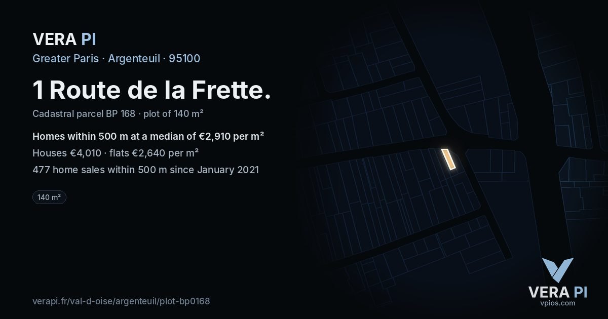 1 Route de la Frette, Argenteuil at night – the plot lit, the parcels around coloured by the prices near them