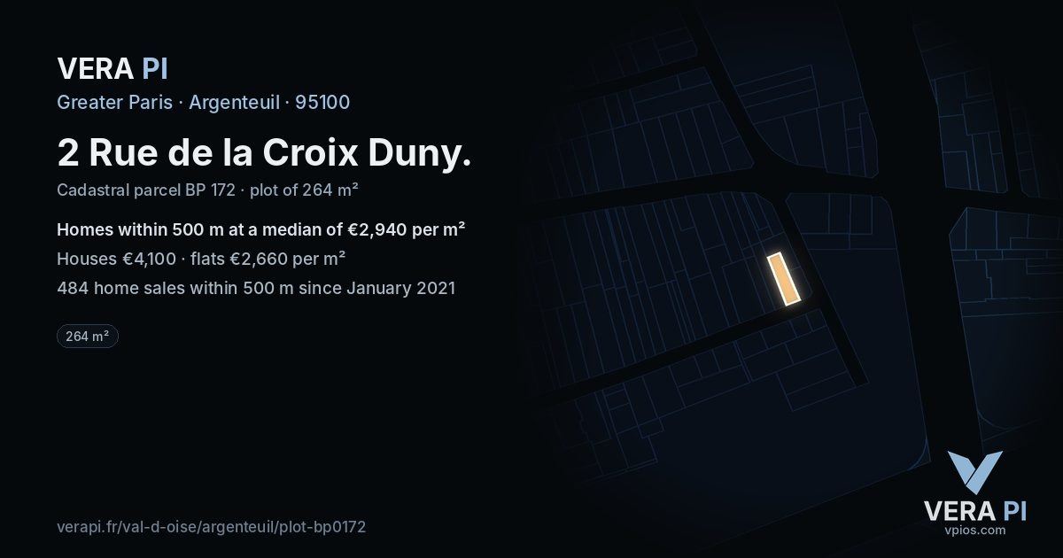 2 Rue de la Croix Duny, Argenteuil at night – the plot lit, the parcels around coloured by the prices near them