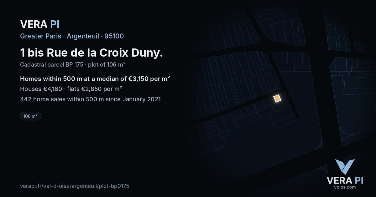 1 bis Rue de la Croix Duny, Argenteuil at night – the plot lit, the parcels around coloured by the prices near them