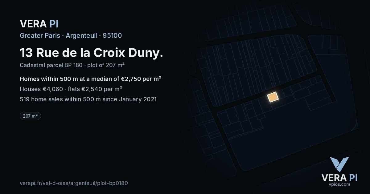 13 Rue de la Croix Duny, Argenteuil at night – the plot lit, the parcels around coloured by the prices near them