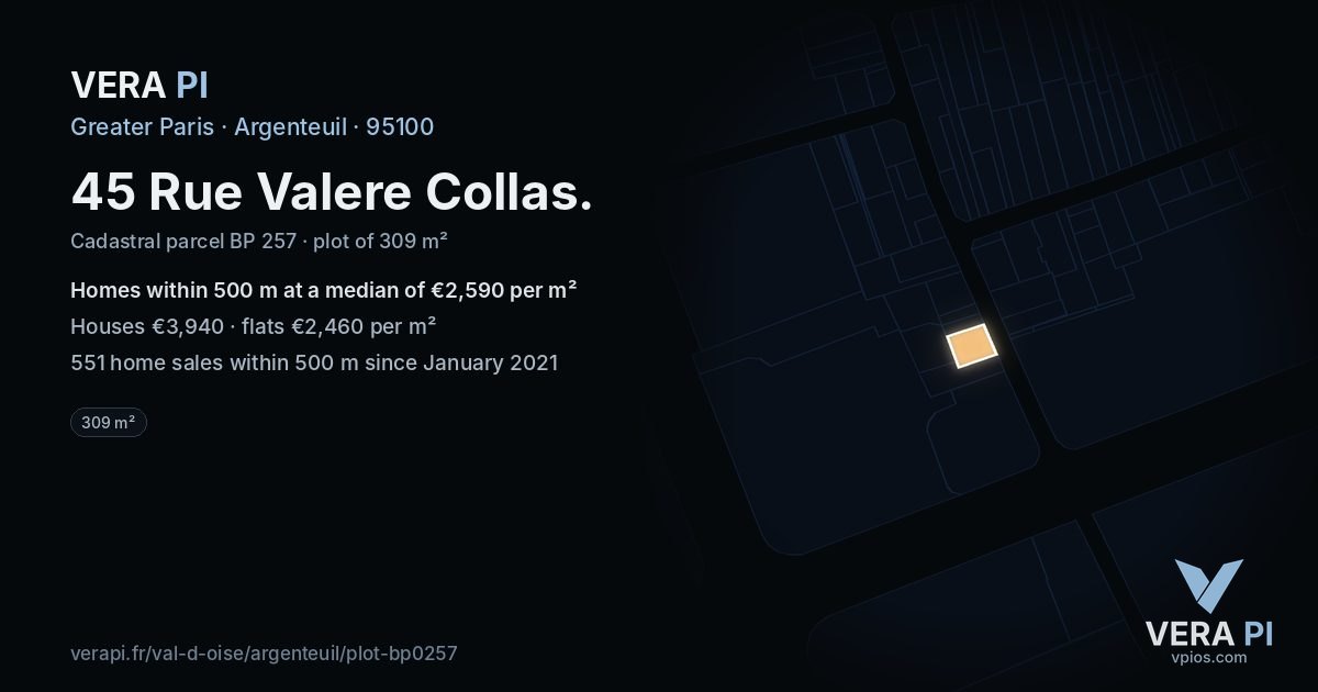 45 Rue Valere Collas, Argenteuil at night – the plot lit, the parcels around coloured by the prices near them