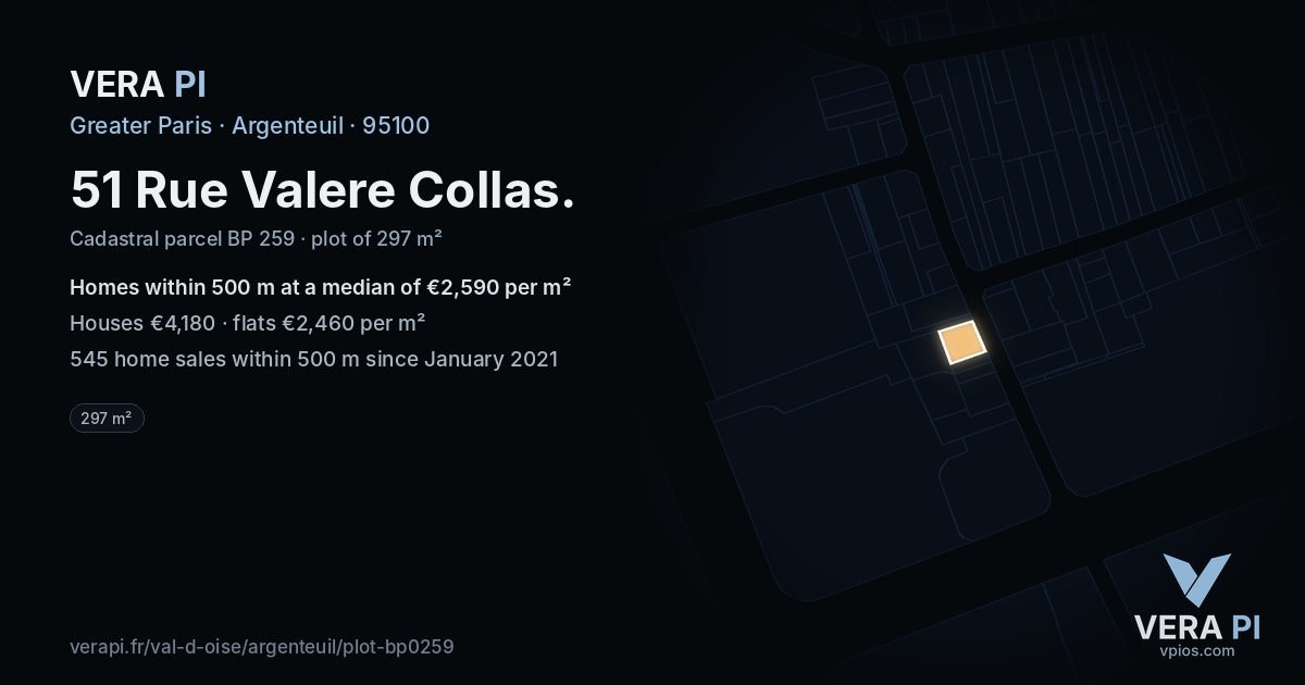 51 Rue Valere Collas, Argenteuil at night – the plot lit, the parcels around coloured by the prices near them
