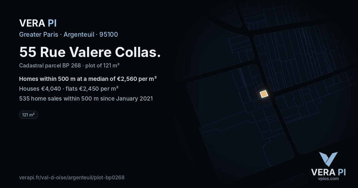 55 Rue Valere Collas, Argenteuil at night – the plot lit, the parcels around coloured by the prices near them