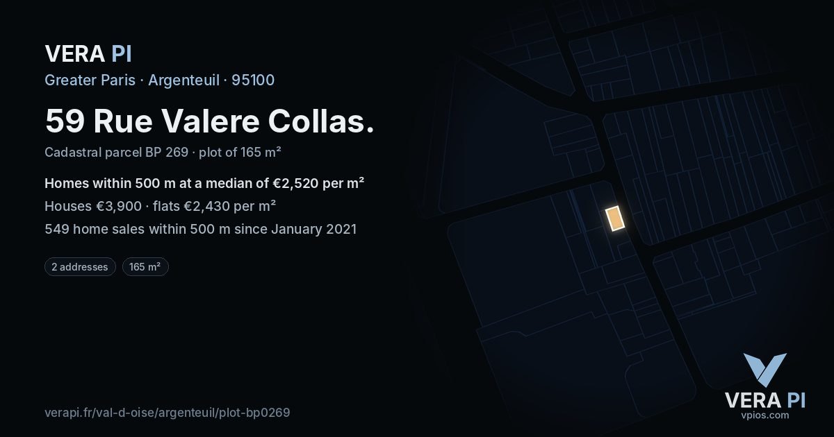59 Rue Valere Collas, Argenteuil at night – the plot lit, the parcels around coloured by the prices near them