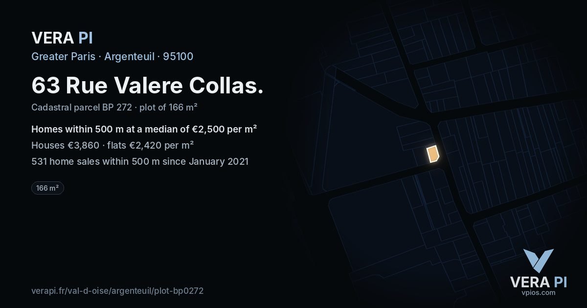 63 Rue Valere Collas, Argenteuil at night – the plot lit, the parcels around coloured by the prices near them