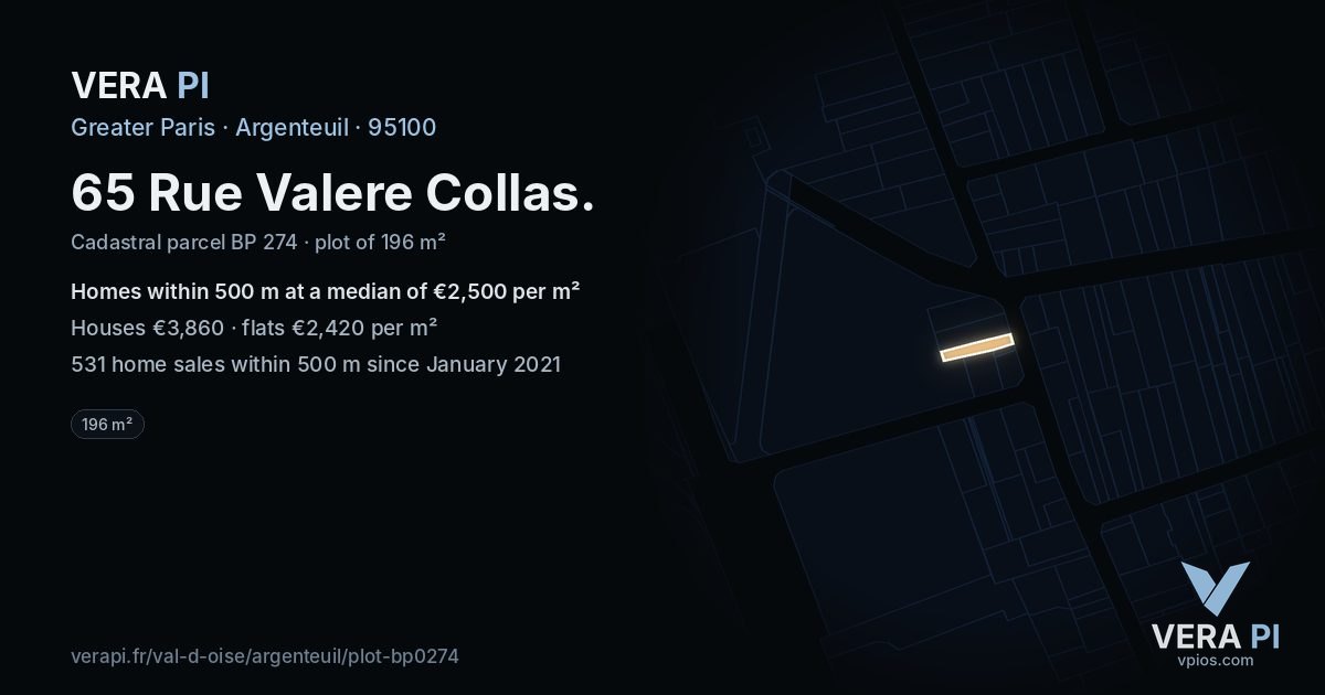 65 Rue Valere Collas, Argenteuil at night – the plot lit, the parcels around coloured by the prices near them