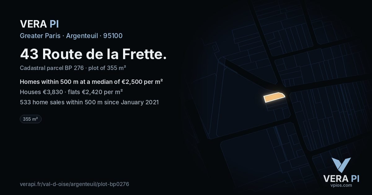 43 Route de la Frette, Argenteuil at night – the plot lit, the parcels around coloured by the prices near them