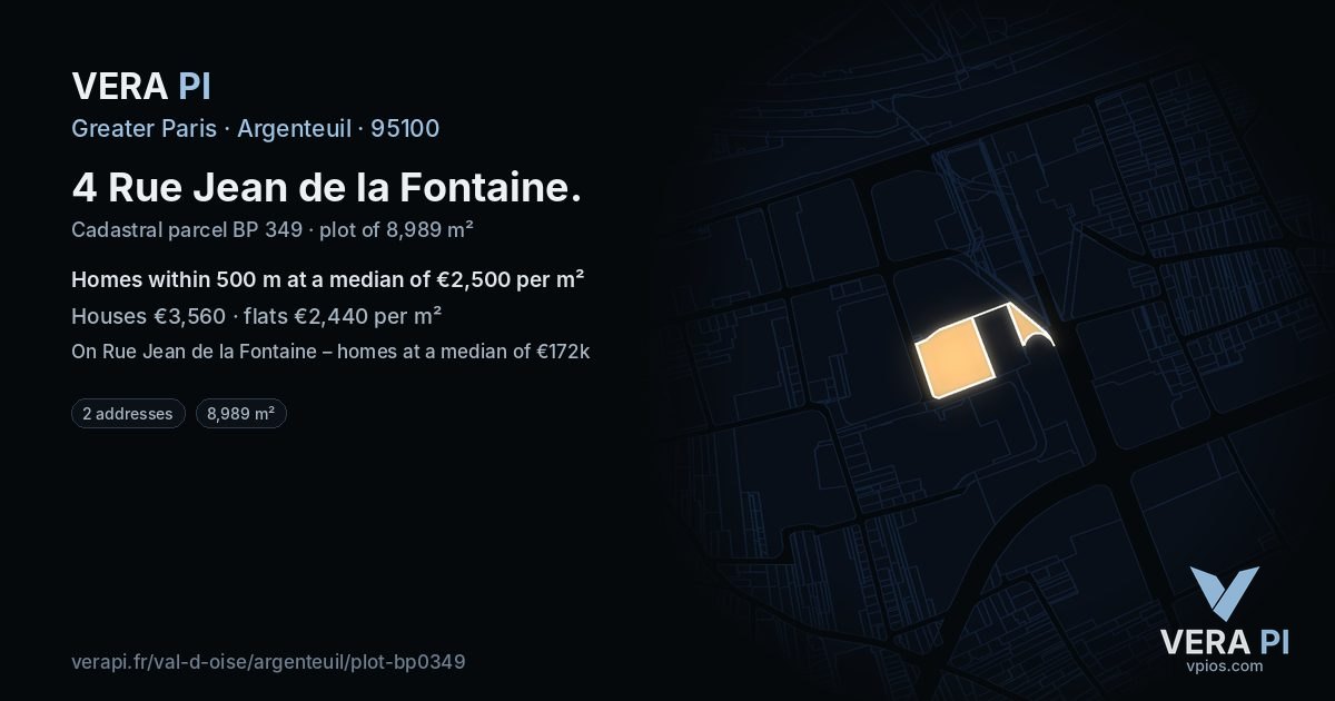 4 Rue Jean de la Fontaine, Argenteuil at night – the plot lit, the parcels around coloured by the prices near them