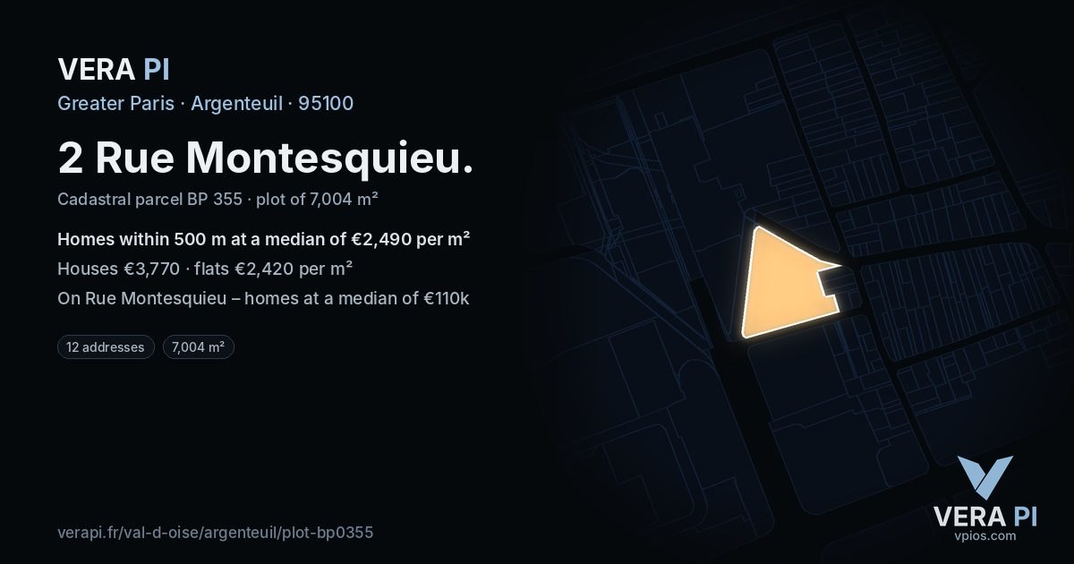 2 Rue Montesquieu, Argenteuil at night – the plot lit, the parcels around coloured by the prices near them