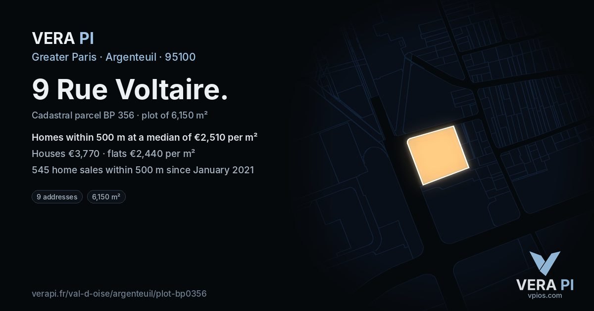 9 Rue Voltaire, Argenteuil at night – the plot lit, the parcels around coloured by the prices near them