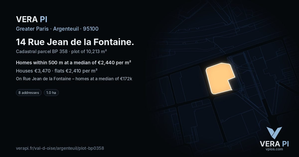 14 Rue Jean de la Fontaine, Argenteuil at night – the plot lit, the parcels around coloured by the prices near them