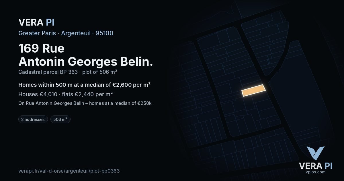 169 Rue Antonin Georges Belin, Argenteuil at night – the plot lit, the parcels around coloured by the prices near them