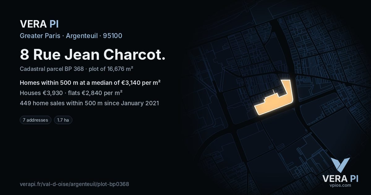 8 Rue Jean Charcot, Argenteuil at night – the plot lit, the parcels around coloured by the prices near them