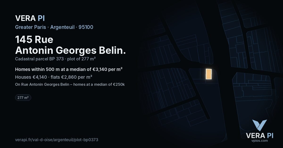 145 Rue Antonin Georges Belin, Argenteuil at night – the plot lit, the parcels around coloured by the prices near them