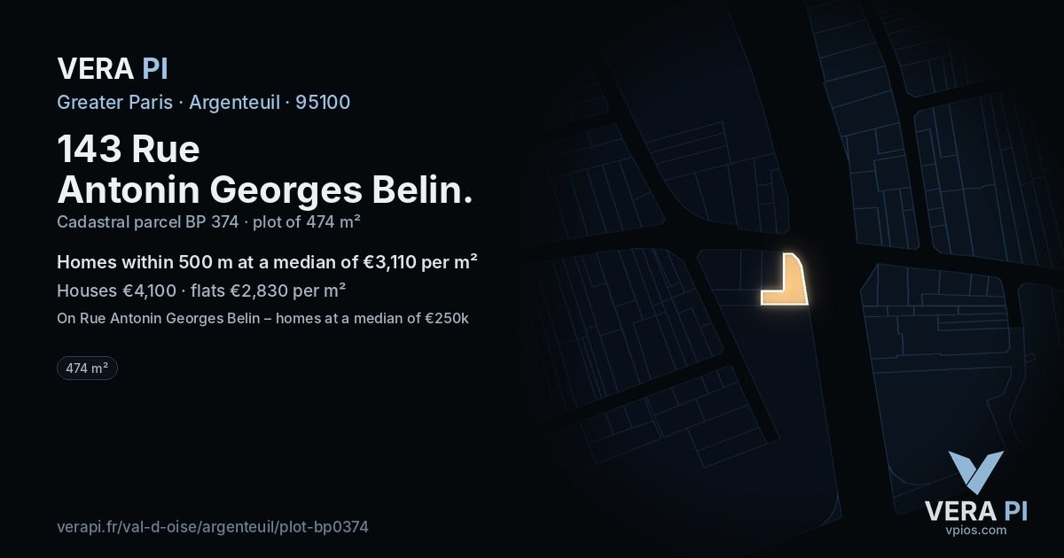 143 Rue Antonin Georges Belin, Argenteuil at night – the plot lit, the parcels around coloured by the prices near them