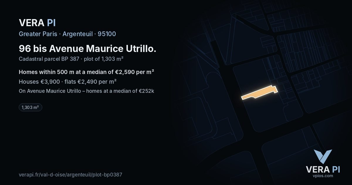 96 bis Avenue Maurice Utrillo, Argenteuil at night – the plot lit, the parcels around coloured by the prices near them