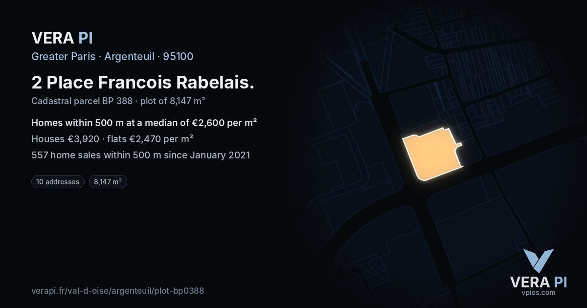 2 Place Francois Rabelais, Argenteuil at night – the plot lit, the parcels around coloured by the prices near them