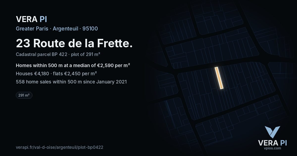 23 Route de la Frette, Argenteuil at night – the plot lit, the parcels around coloured by the prices near them