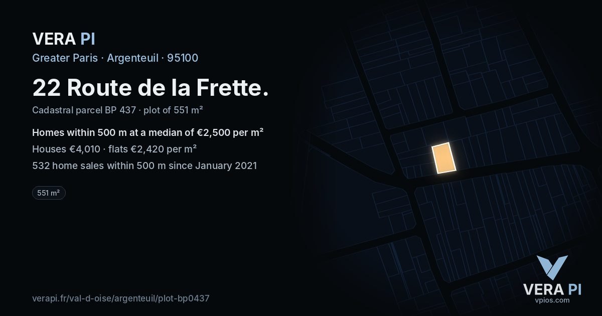 22 Route de la Frette, Argenteuil at night – the plot lit, the parcels around coloured by the prices near them