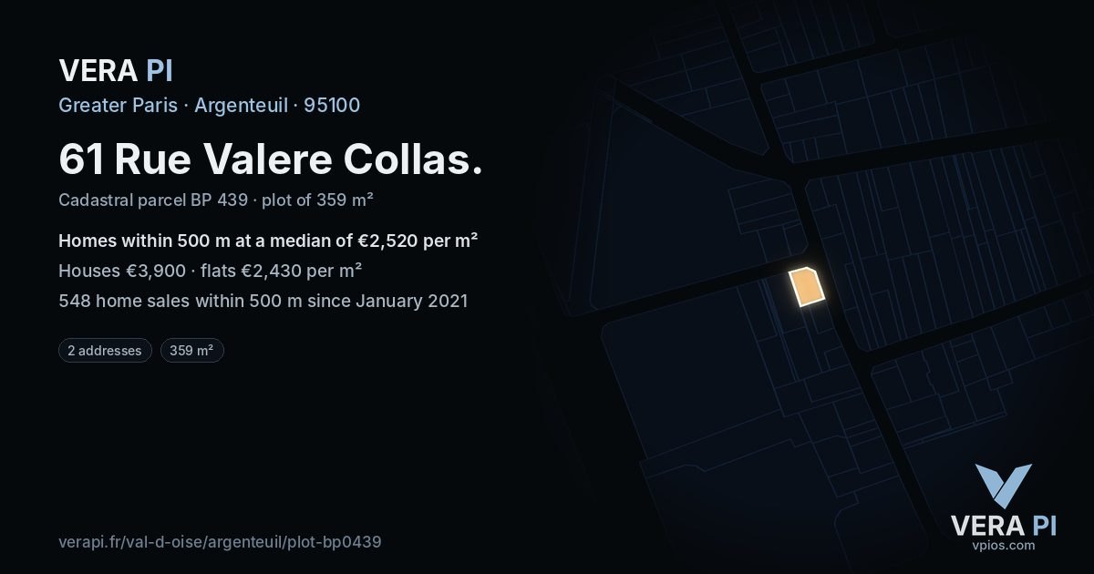 61 Rue Valere Collas, Argenteuil at night – the plot lit, the parcels around coloured by the prices near them