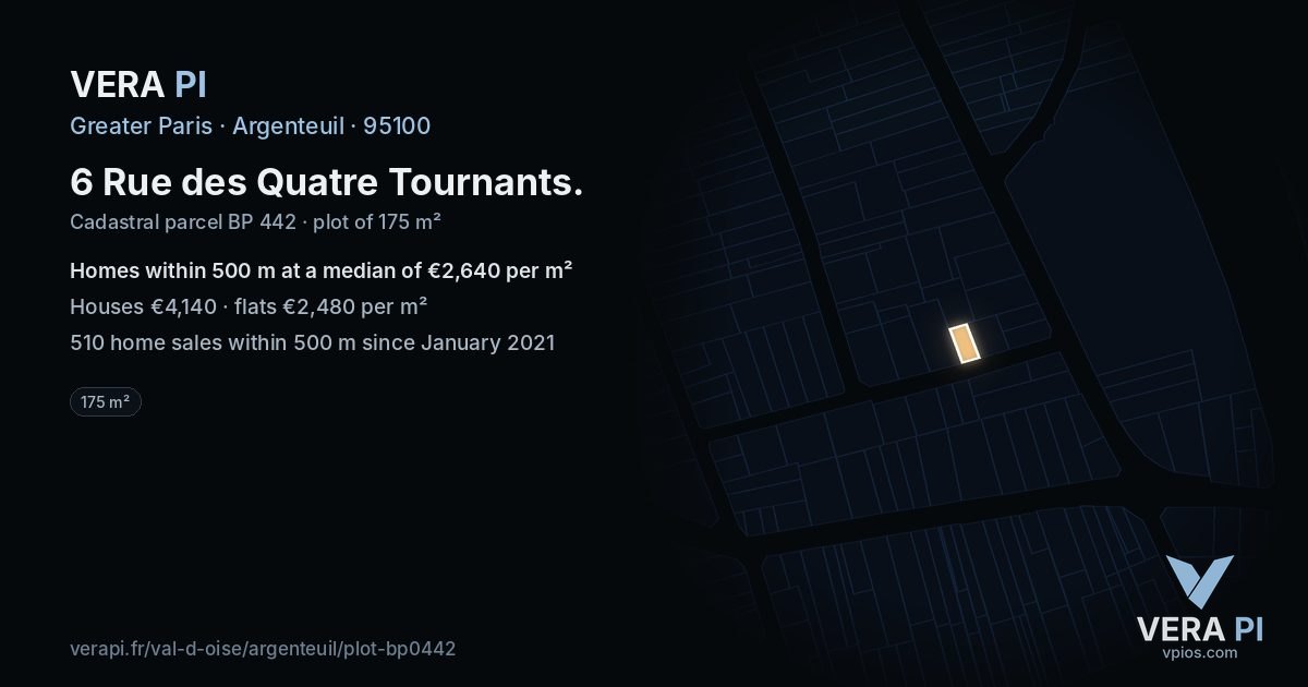 6 Rue des Quatre Tournants, Argenteuil at night – the plot lit, the parcels around coloured by the prices near them