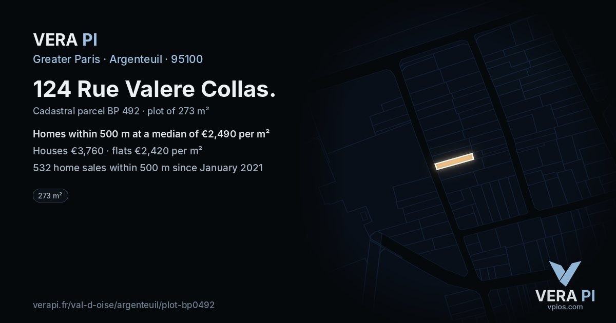 124 Rue Valere Collas, Argenteuil at night – the plot lit, the parcels around coloured by the prices near them