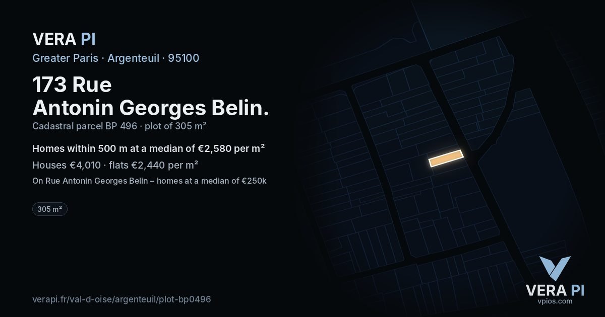 173 Rue Antonin Georges Belin, Argenteuil at night – the plot lit, the parcels around coloured by the prices near them