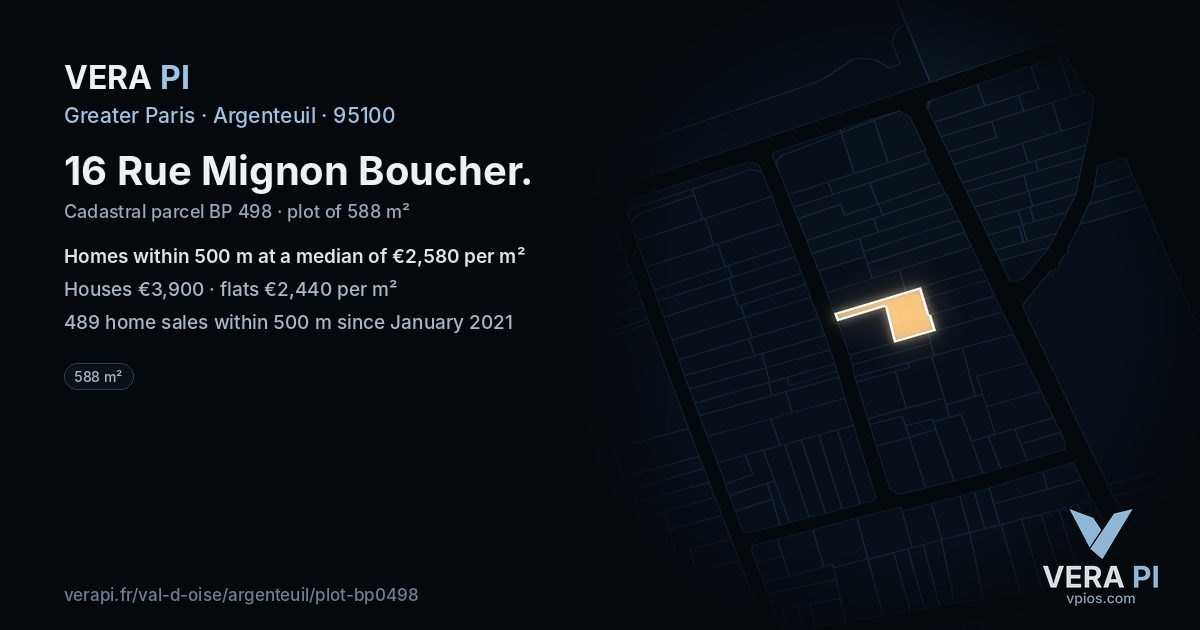 16 Rue Mignon Boucher, Argenteuil at night – the plot lit, the parcels around coloured by the prices near them