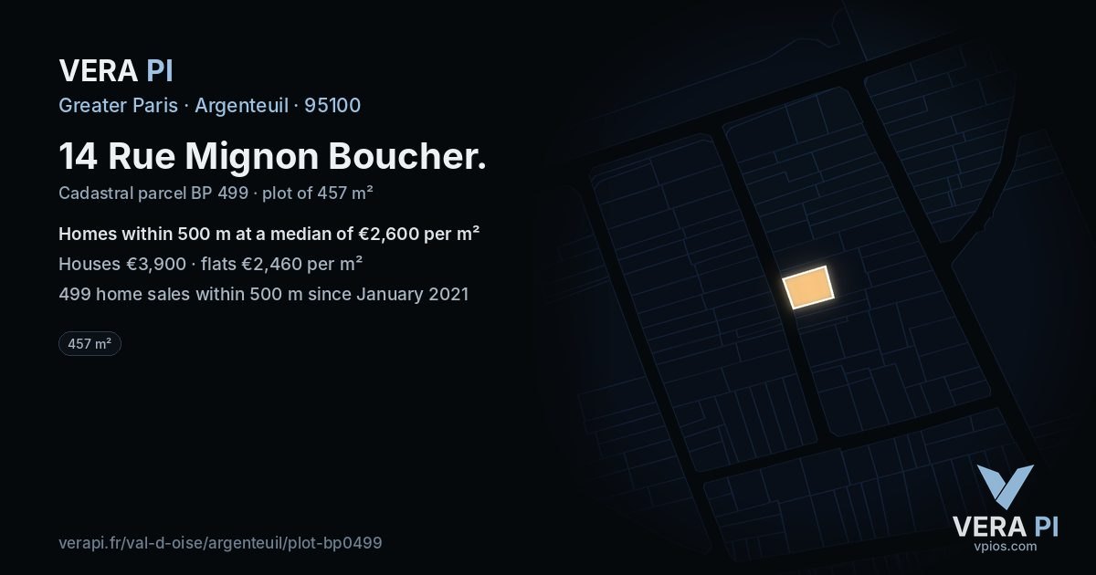 14 Rue Mignon Boucher, Argenteuil at night – the plot lit, the parcels around coloured by the prices near them