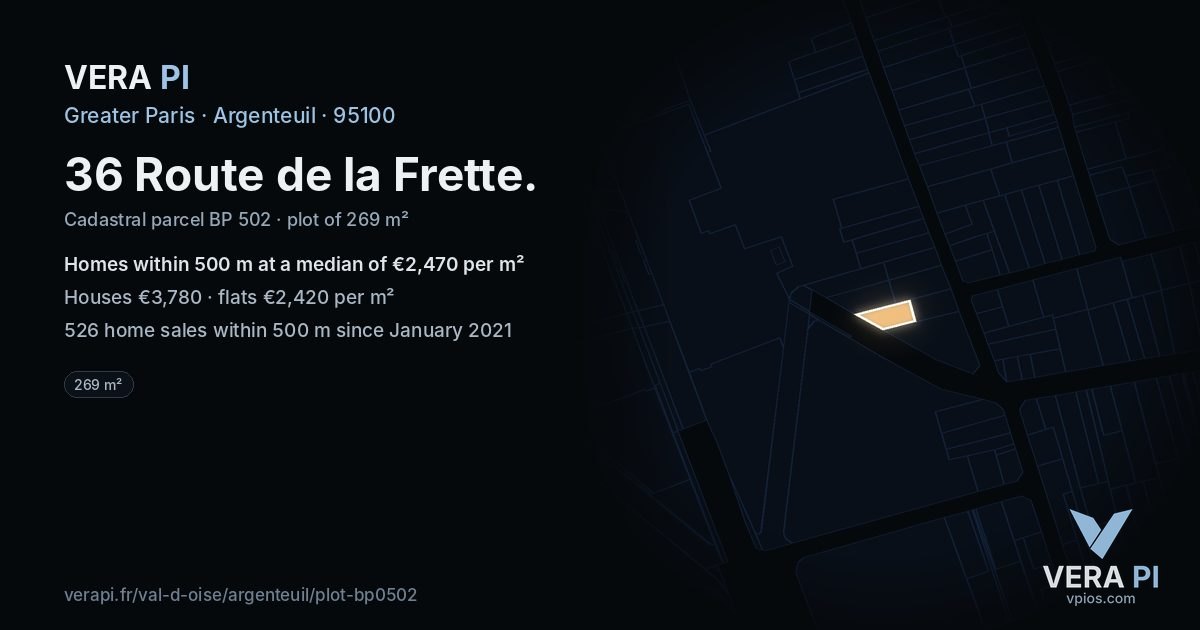 36 Route de la Frette, Argenteuil at night – the plot lit, the parcels around coloured by the prices near them