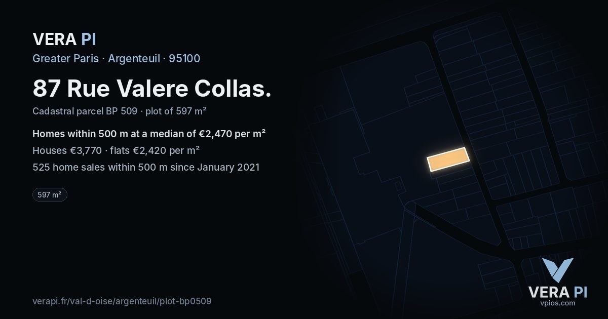 87 Rue Valere Collas, Argenteuil at night – the plot lit, the parcels around coloured by the prices near them