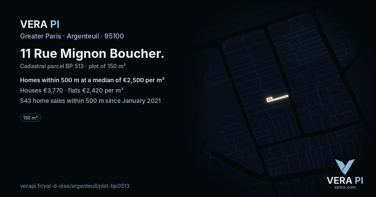 11 Rue Mignon Boucher, Argenteuil at night – the plot lit, the parcels around coloured by the prices near them