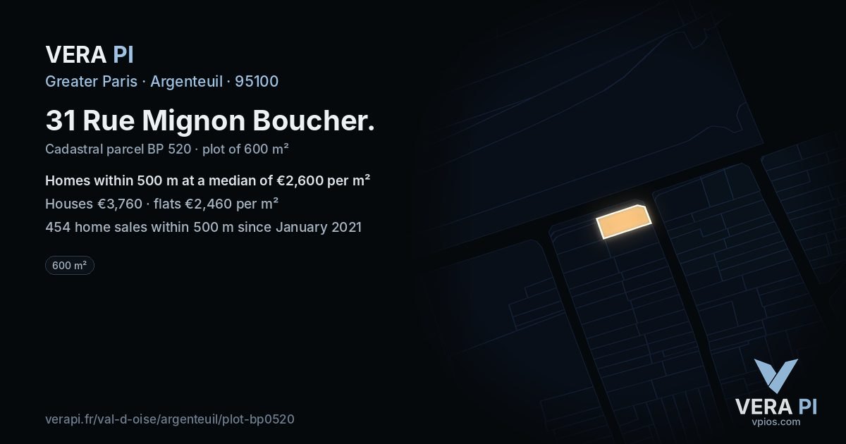 31 Rue Mignon Boucher, Argenteuil at night – the plot lit, the parcels around coloured by the prices near them