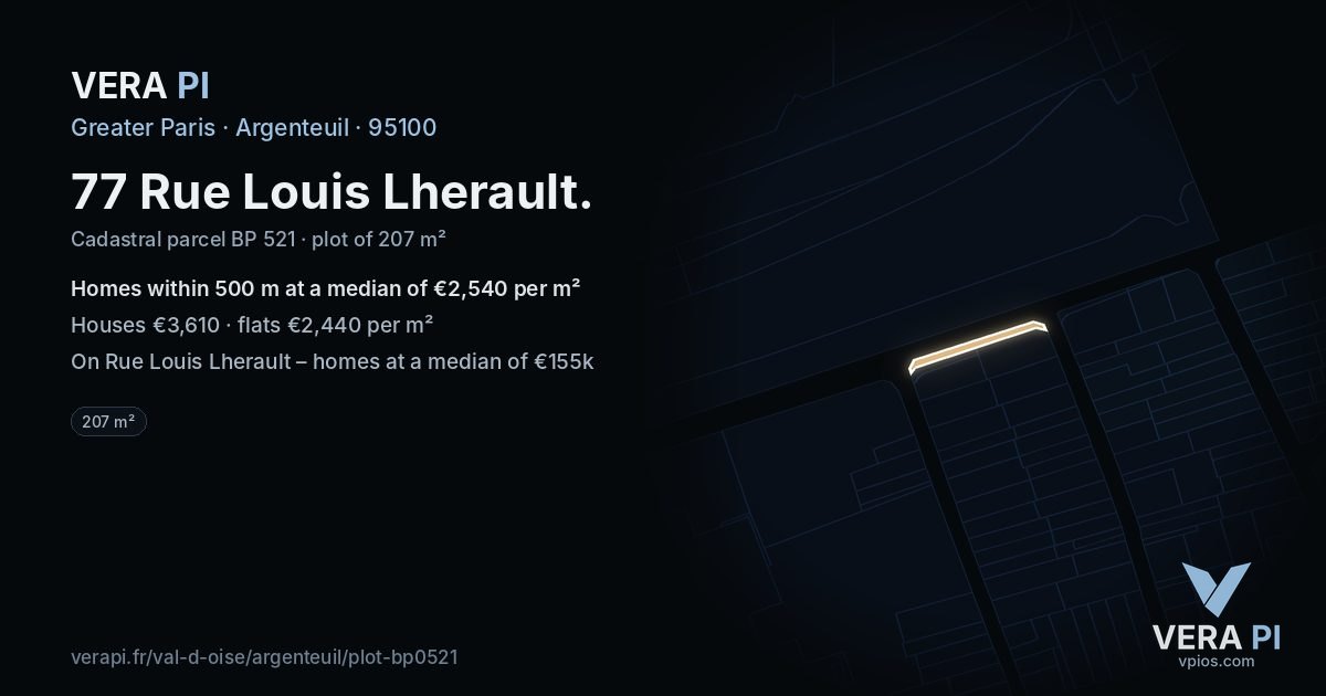 77 Rue Louis Lherault, Argenteuil at night – the plot lit, the parcels around coloured by the prices near them